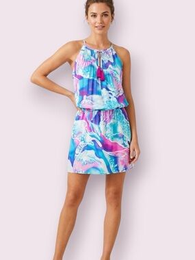 Lilly Pulitzer Minda 100% Silk Sleeveless Mini Dress White Purple Blue Size XS
